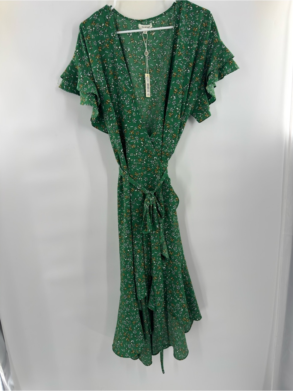 Max Studio 1X Green Floral True Wrap Midi Dress Flutter Sleeve NWT - Picture 2 of 10